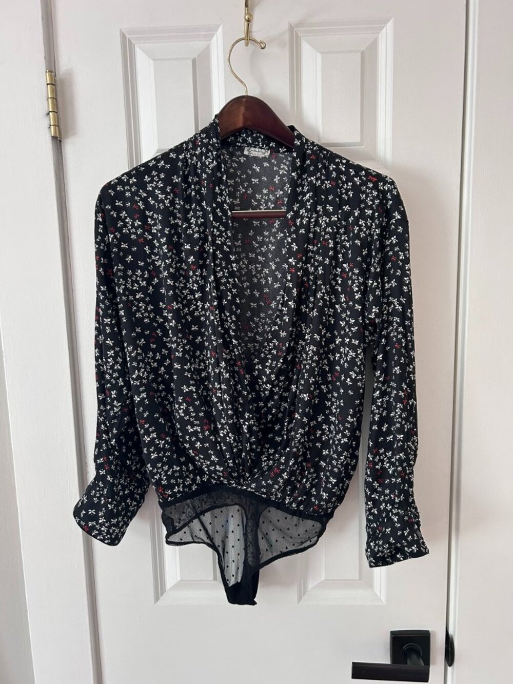 Free People Black Butterfly Print Wrap Bodysuit Plunge Neck Mesh Size S